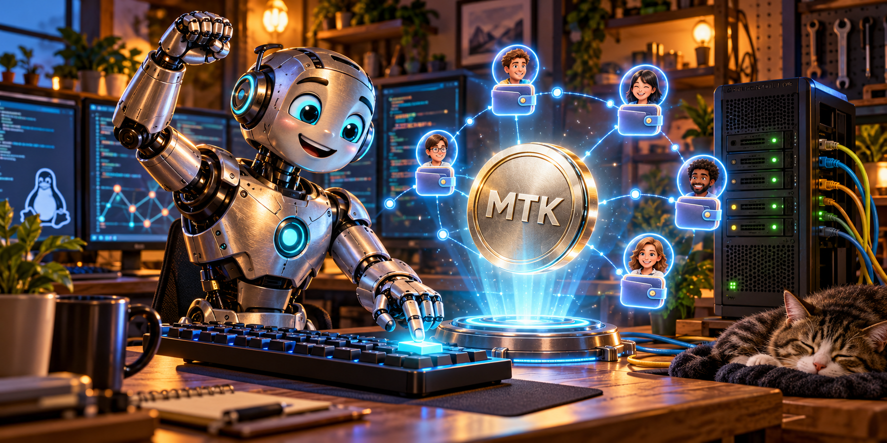 Codex, un androïde de code, lance MonToken depuis le serveur Whisky, avec un jeton MTK lumineux et un réseau de portefeuilles entre amis.